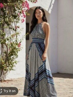 London Style Blue and White Halter Maxi Dress
